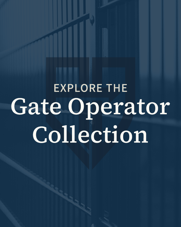text 'Explore the Gate Operator Collection' on a dark blue background with a blurred gate image. Wholesale access control & gate automation Tampa