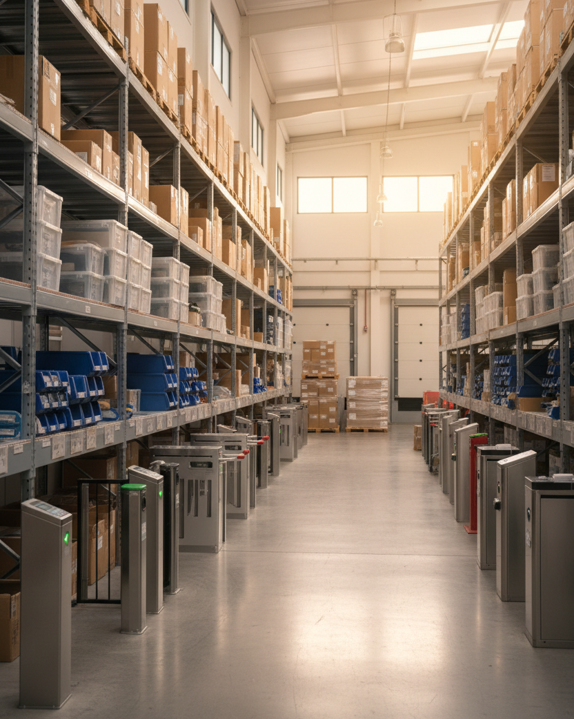 Tall image of an organized warehouse with access control and gate equipment on shelves, warm natural lighting. Wholesale access control system, distribution, gate automation