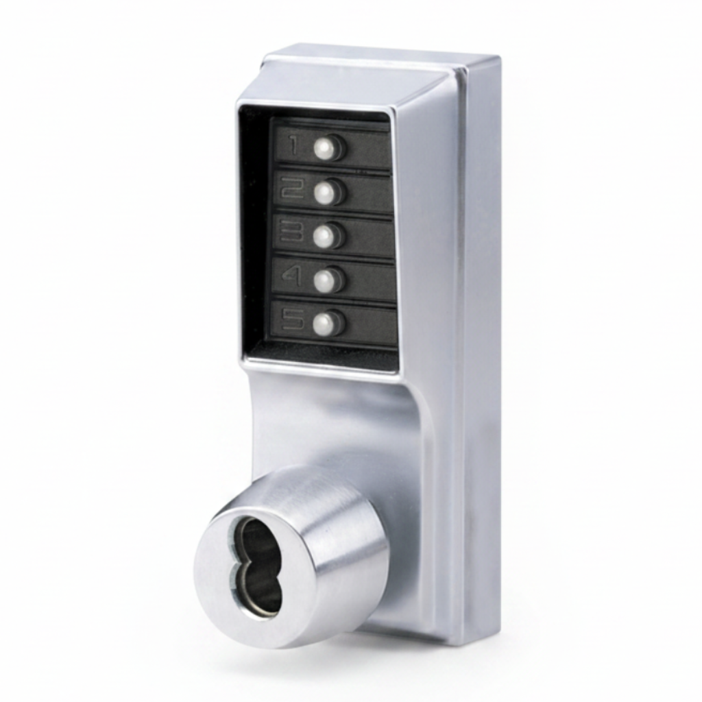 DormaKaba Pushbutton Cylindrical Knob Lock, Combination Entry Function with Key Override, 2-3/4" Backset, 1/2" Throw Latch, 6/7-Pin SFIC Prep, Less Core, Satin Chrome Finish, Field Reversible