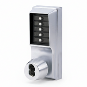 DormaKaba Pushbutton Cylindrical Knob Lock, Combination Entry Function with Key Override, 2-3/4" Backset, 1/2" Throw Latch, 6/7-Pin SFIC Prep, Less Core, Satin Chrome Finish, Field Reversible