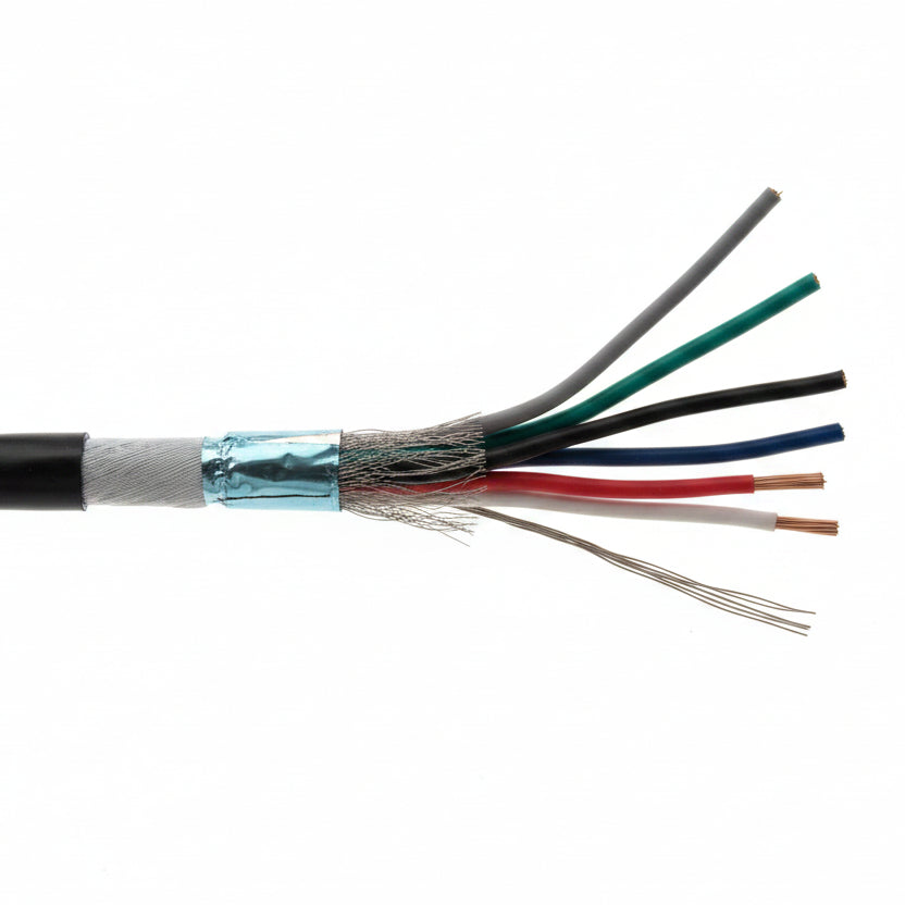 Shielded Direct Burial Multi-Purpose Wire, Black, 18/6 (18AWG 6 Conductor) Stranded, CMX / Outdoor Rated - 100' Section