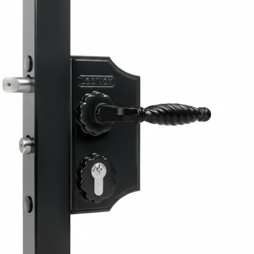 LAKY Small Surface Mounted Ornamental Gate Lock For Square 1-1/4" To 1-1/2" Profiles With 3006FA - Zamac Handle Pair & Cylinder: VCA - Keyed To Differ - Black