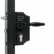 LAKY Small Surface Mounted Ornamental Gate Lock For Square 1-1/4" To 1-1/2" Profiles With 3006FA - Zamac Handle Pair & Cylinder: VCA - Keyed To Differ - Black