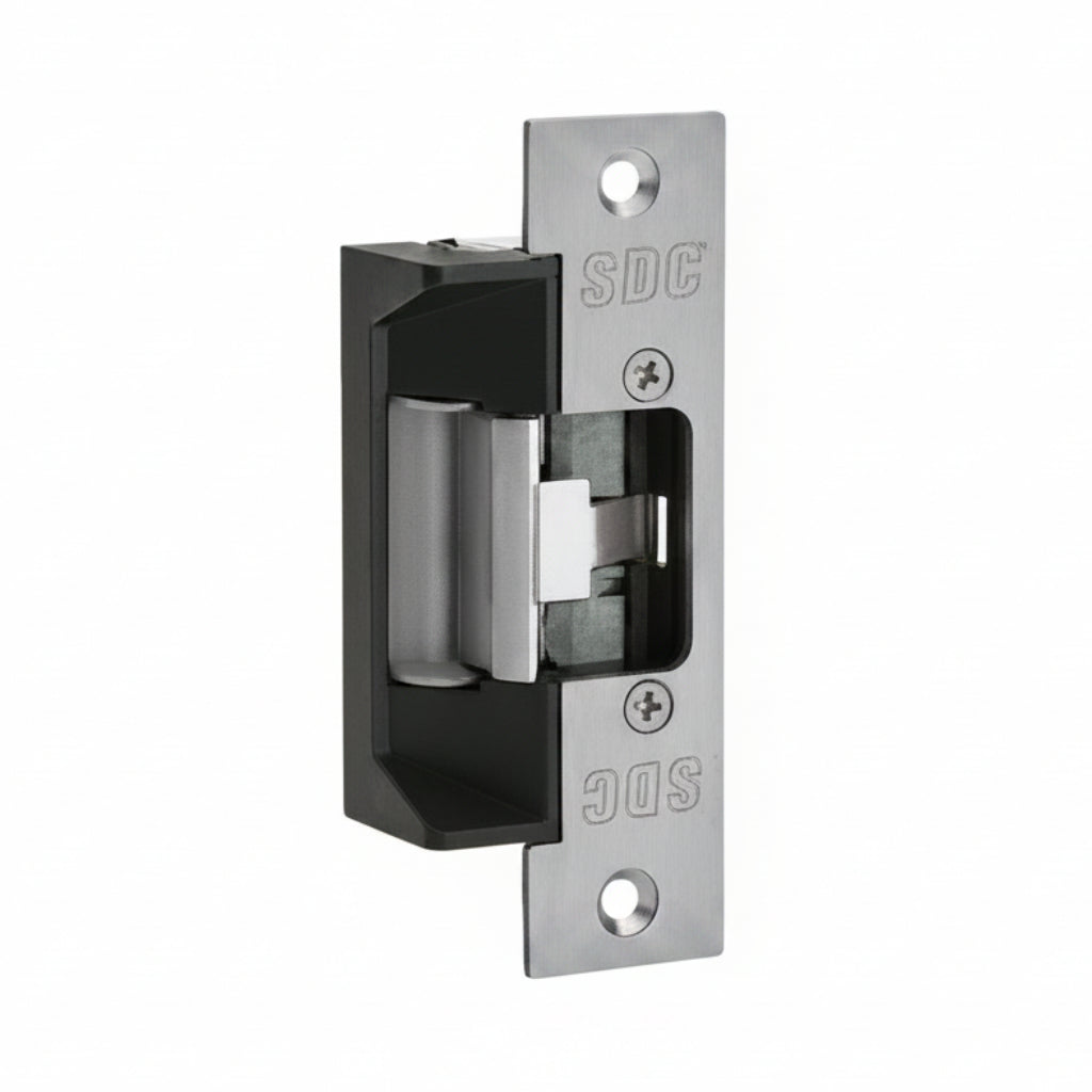 SDC Electric Strike, 12/24VAC/DC, Latch Bolt Monitor Standard, 4.875" by 1.25" Radius Corner Faceplate, Field Selectable FailSafe / FailSecure, Satin Aluminum Clear Anodized