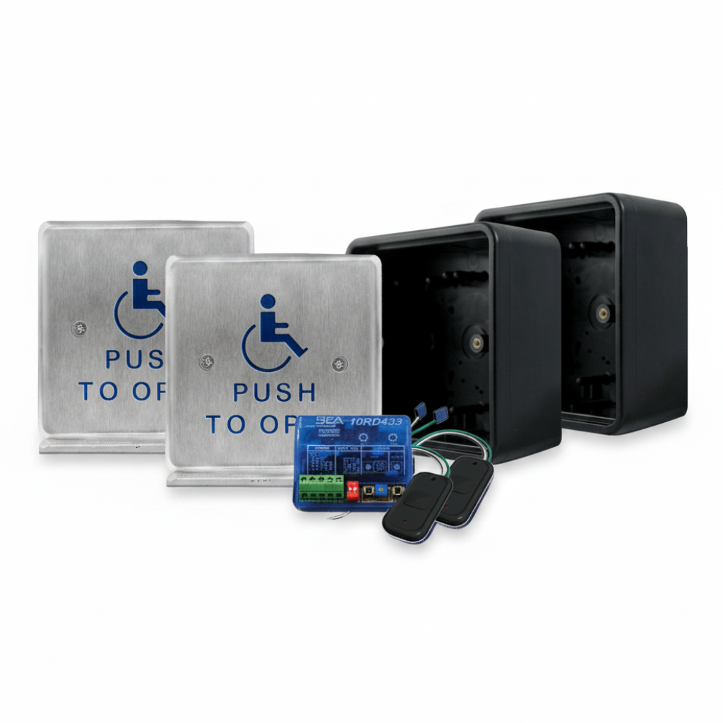 Bea Wireless Push To Open Package (Includes: (2) Square Push Plates, (2) Surface Mount Boxes, (2) Transmitters And (1) Receiver)