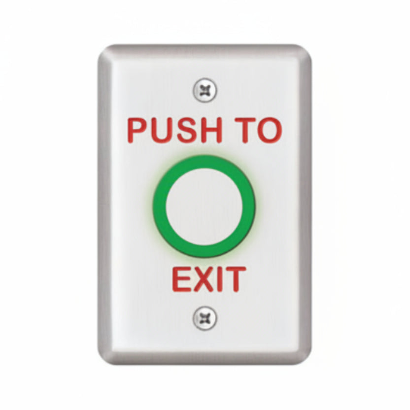 SDC Vandal Resistant Stainless Steel Exit Switch, Single Gang, Integrated 1-30 Second Timer, 12/24VDC, NO/NC 2A Contact, "PUSH TO EXIT"