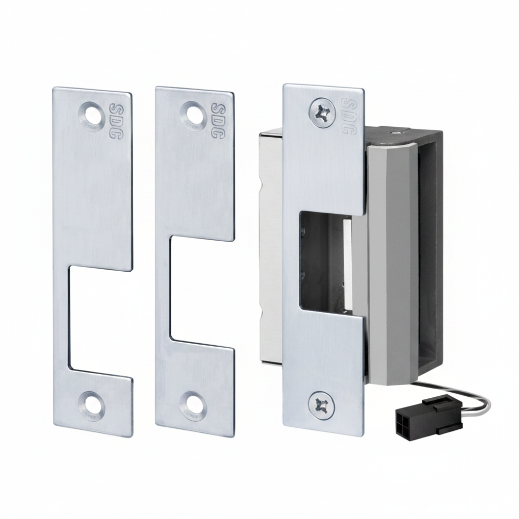 SDC Uniflex Heavy Duty Electric Strike, 12/24 VDC, Field Reversible Fail Safe / Fail Secure, Strike Body and Three Faceplates, for Use with Multiple Applications, Satin Stainless Steel