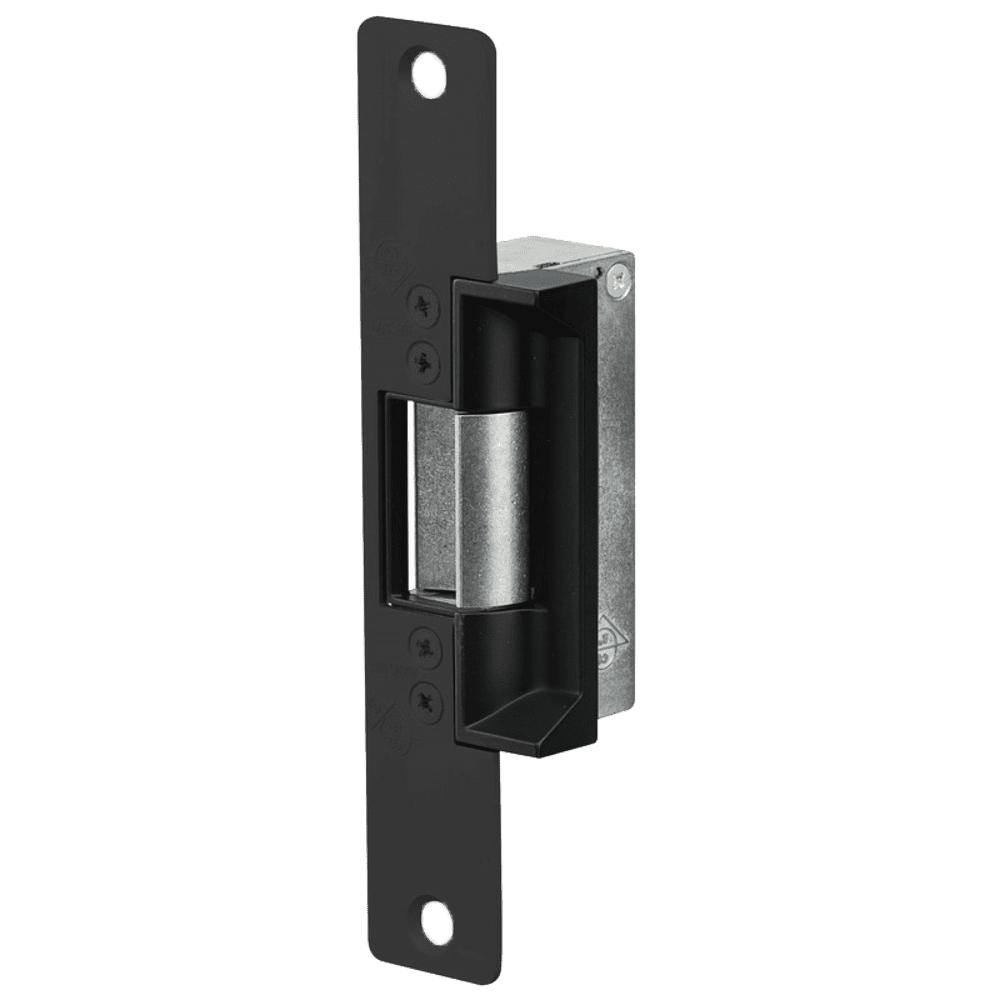 Adams Rite Electric Strike, Electrically Unlocked (Fail Secure) 6-7/8" X 1-1/4" Flat Faceplate With Radius Corners, 12Vac, Black Anodized Aluminum