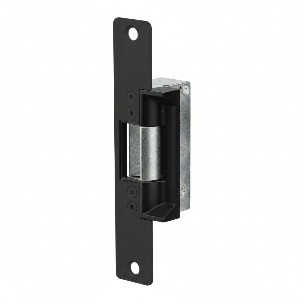 Adams Rite Electric Strike, Electrically Unlocked (Fail Secure) 6-7/8" X 1-1/4" Flat Faceplate With Radius Corners, 12Vac, Black Anodized Aluminum