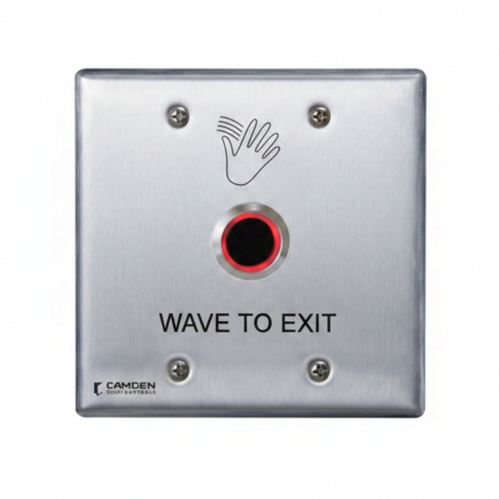 Camden ValueWave CM-221 Series Touchless Actuator, 2" to 8" Range, Double Gang Hand Icon/'Wave to Exit' Text Faceplate, Includes (1) Bi-Color Light Ring, Stainless Steel Finish