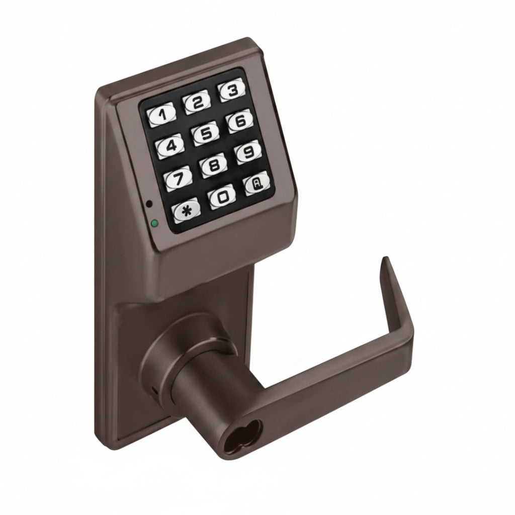 Alarm Lock Pushbutton Cylindrical Lock, 100 Users, Straight Lever, Oil Rubbed Bronze Finish
