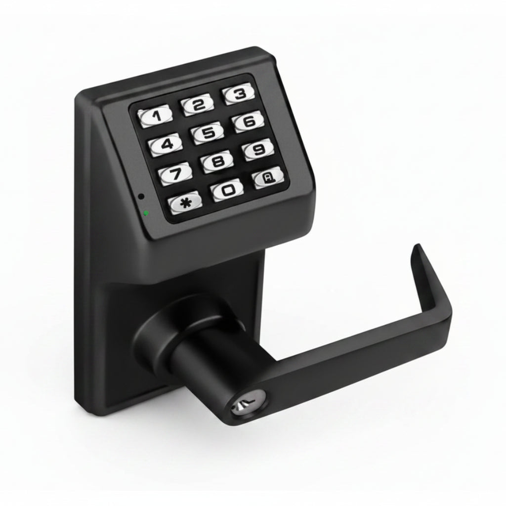 Alarm Lock Pushbutton Cylindrical Lock, 100 Users, Straight Lever, Weatherproof, Flat Black Powder Coated Finish