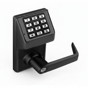 Alarm Lock Pushbutton Cylindrical Lock, 100 Users, Straight Lever, Weatherproof, Flat Black Powder Coated Finish