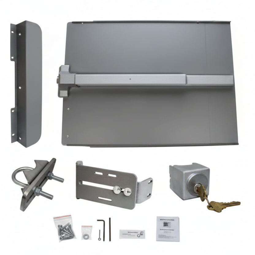 Edge Panic Shield Value Kit (Includes: 24" Panic Shield, 33" Stainless Steel Panic Bar, Strike Bracket, Key Box, Key Cylinder, Latch Protector, And Jamb Stop)