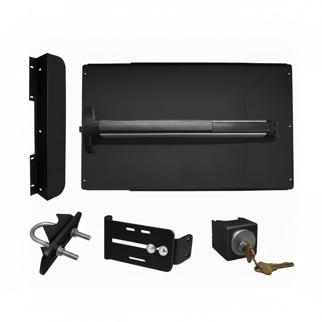Edge Panic Shield Safety Kit (Includes: Panic Shield, Detex V-40XEBxWx48 42" Weatherized Alarm Panic Bar, ED-SB Strike Bracket, ED-GB5 Key Box, Key Cylinder, Latch Protector, Jamb Stop)