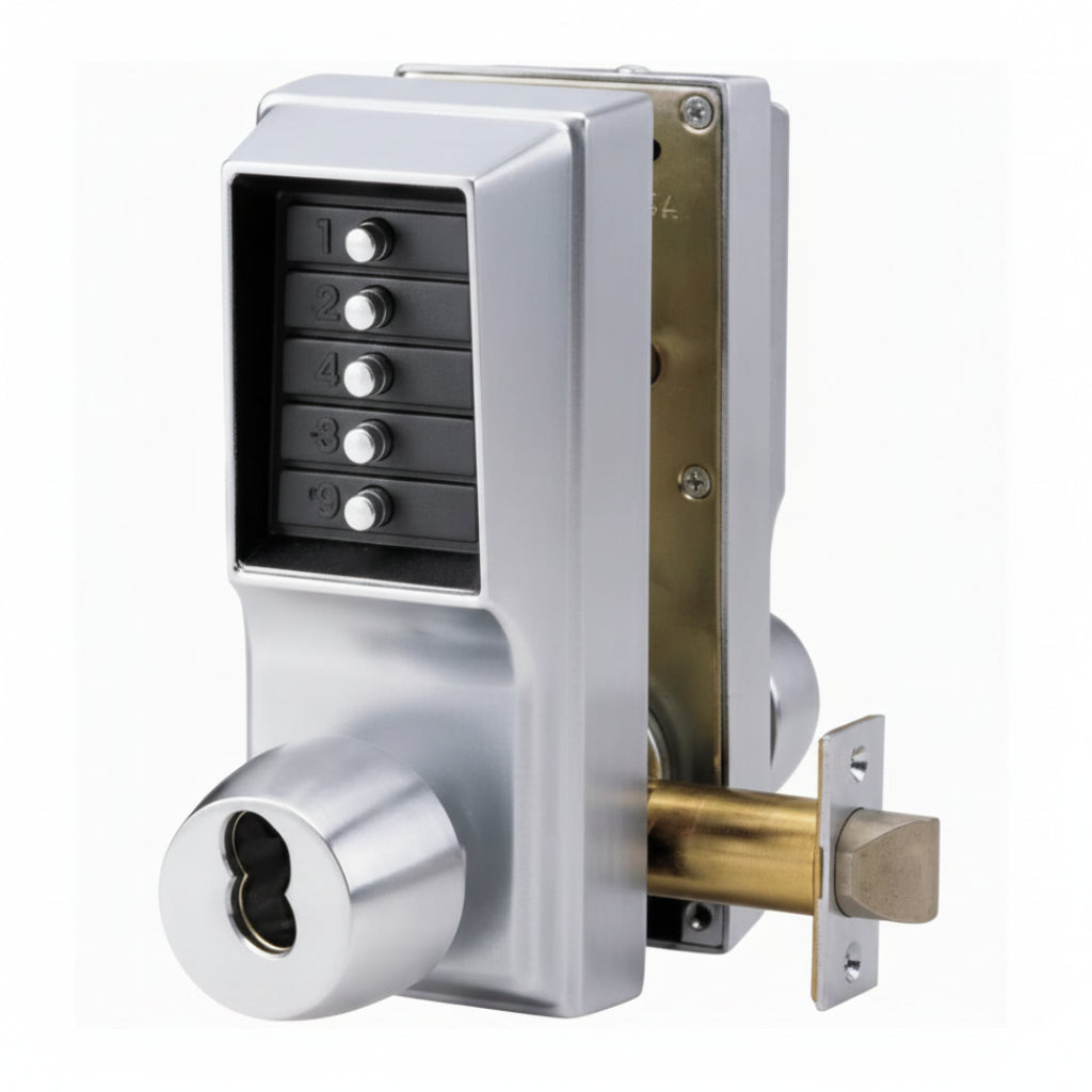 DormaKaba Cylindrical Knob Lock, Combination or Key Override Entry, Combination or Key Override Exit, 2-3/4" Backset, 1/2" Throw Latch, Satin Chrome