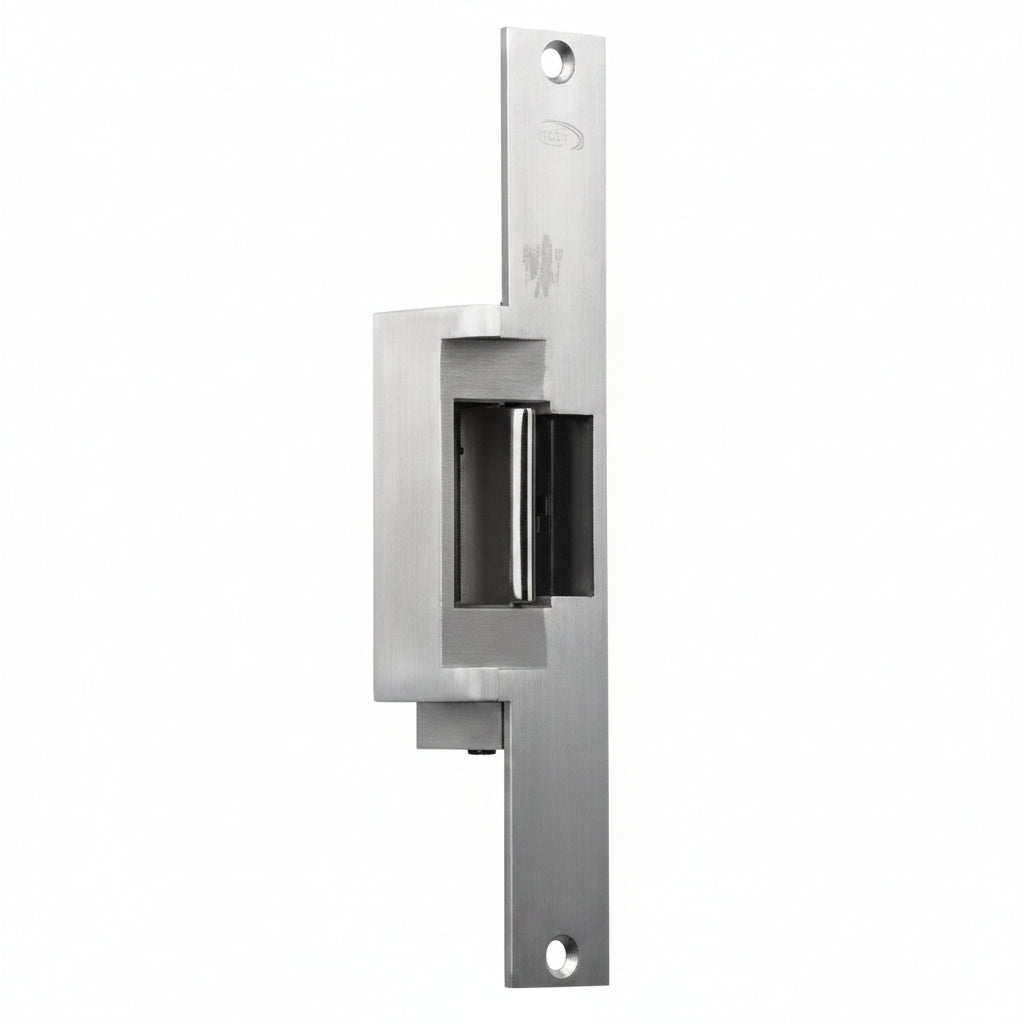 RCI Fire Rated Electric Strike, 9" Faceplate, For 3/4" Projection Latches, 12 VAC/DC, Fail Secure, Satin Stainless Steel