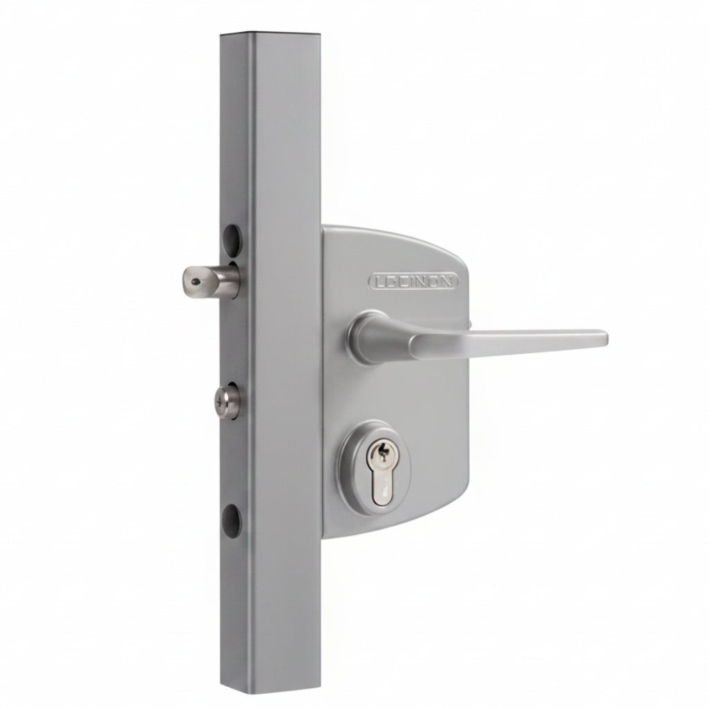 LAKQ Surface Mounted Gate Lock For Square 1-1/2" To 2-1/2" Profiles With 3006M, Aluminum Handle Pair & Cylinder: VSC - Keyed To Differ Silver