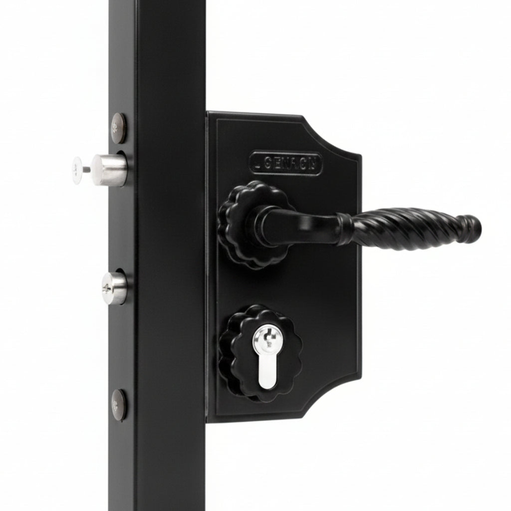 LAKY Small Surface Mounted Ornamental Gate Lock For Square 1-1/2" - 2" Profiles With 3006FA - Zamac Handle Pair & Cylinder: VCA - Keyed To Differ - Black