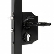 LAKY Small Surface Mounted Ornamental Gate Lock For Square 1-1/2" - 2" Profiles With 3006FA - Zamac Handle Pair & Cylinder: VCA - Keyed To Differ - Black