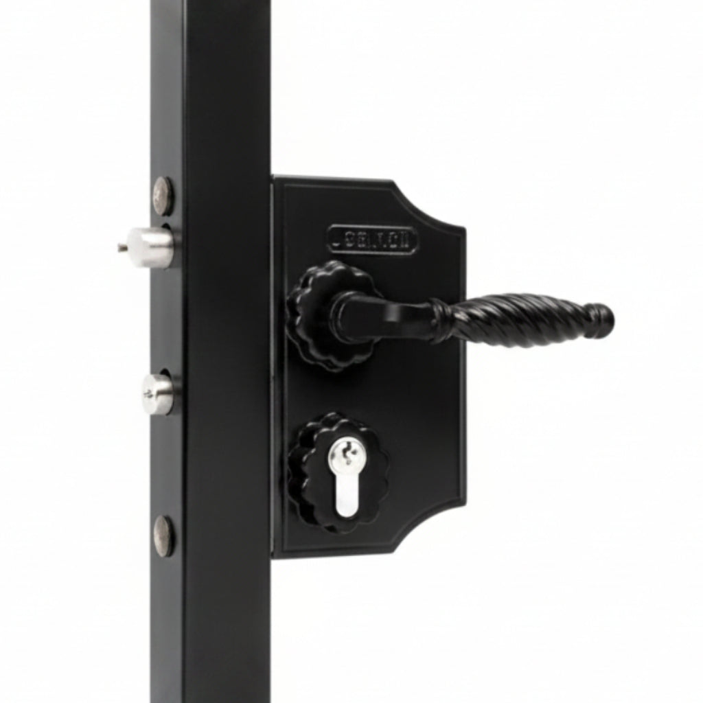 LAKY Small Surface Mounted Ornamental Gate Lock For Square 2" - 2-3/8" Profiles With 300FA - Zamac Handle Pair & Cylinder: VCA - Keyed To Differ - Black