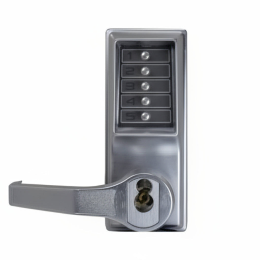 DormaKaba Pushbutton Cylindrical Lever Lock, Combination Entry Function with Key Override, 2-3/4" Backset, 3/4" Throw Latch, 6/7-Pin SFIC Prep, Less Core, Satin Chrome Finish, Left Hand/Left Hand Reverse