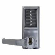 DormaKaba Pushbutton Cylindrical Lever Lock, Combination Entry Function with Key Override, 2-3/4" Backset, 3/4" Throw Latch, 6/7-Pin SFIC Prep, Less Core, Satin Chrome Finish, Left Hand/Left Hand Reverse
