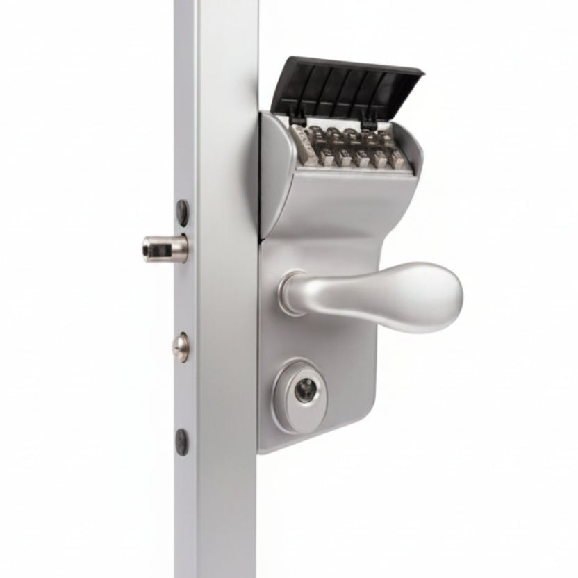 VINCI - Surface Mounted Mechanical Code Lock For Square 3/8" To 1-1/4" Profiles In Silver With 3006C - Aluminum Handle Pair & Cylinder: VSZ - Keyed Different