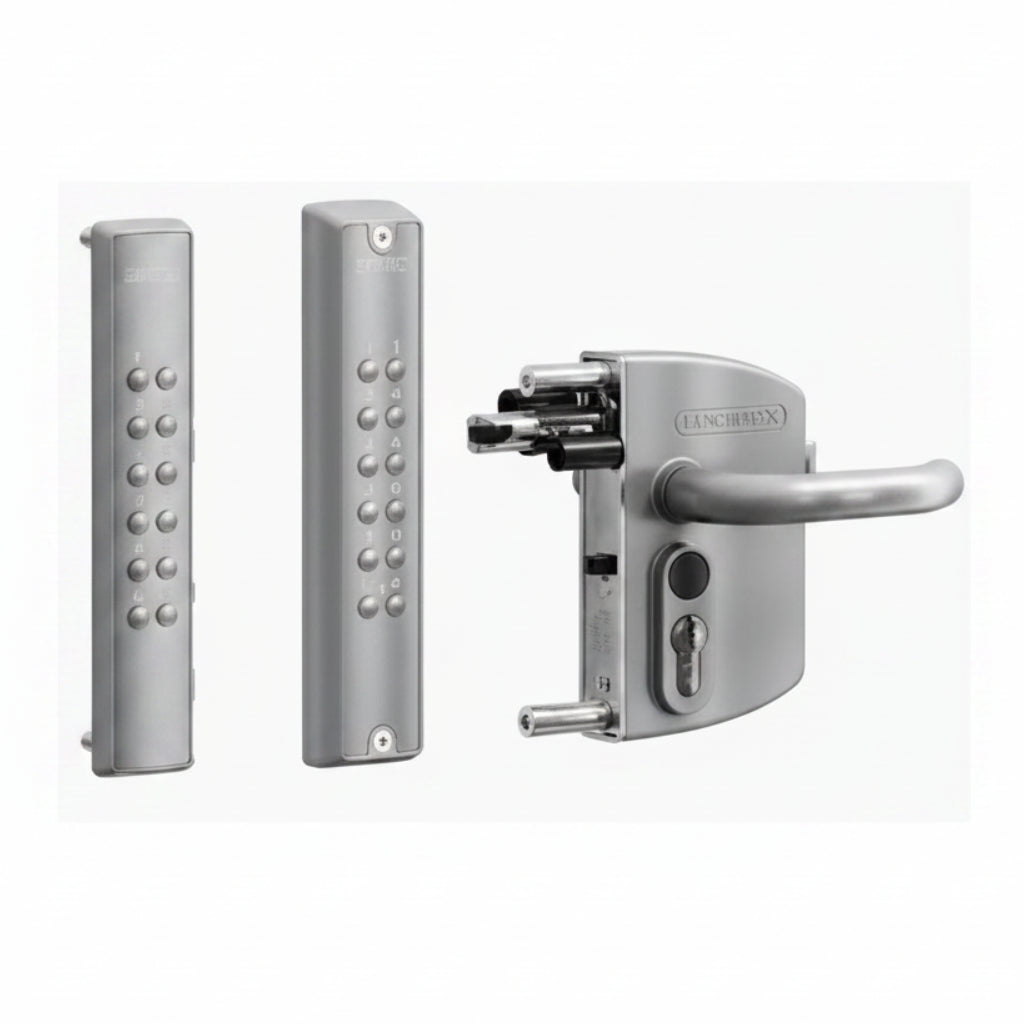 VOLTA - Surface Mounted Lock With External Battery Powered Keypad For Square 1-1/2" To 2-1/2" Profiles - Silver (Includes: Lockbox, Keypad - Double Sided & Handles, 3006D Aluminum Handle Pair, Cylinder: VCA (Keyed Differ)