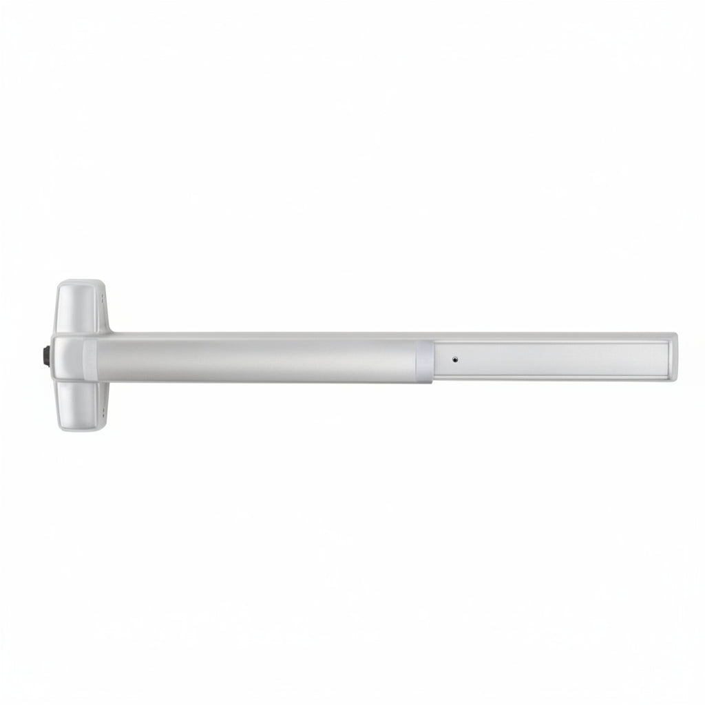 Von Duprin Rim Exit Device, 48" Length, Exit Only, Outdoor Defense, Weep Holes, Motorized Latch Retraction, Less Dogging, Satin Chrome Finish, Non-Handed
