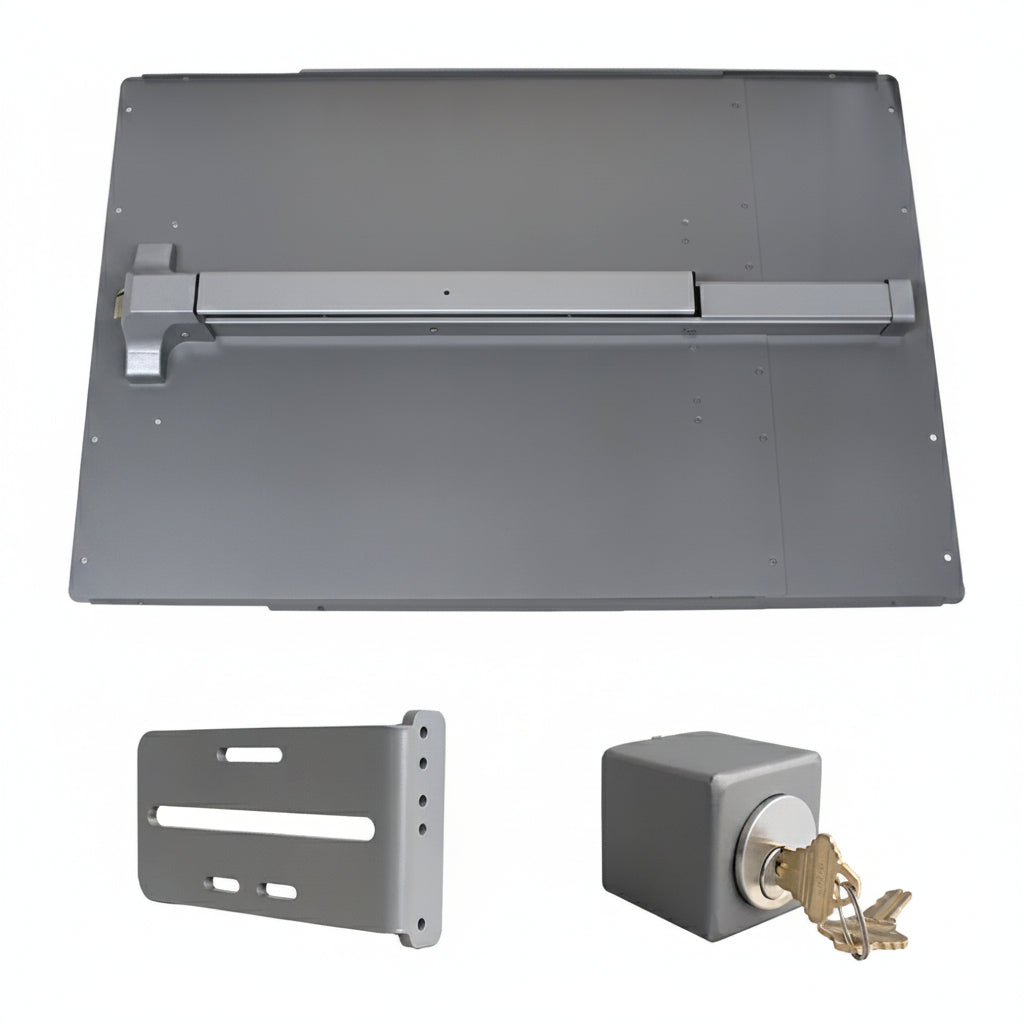 Panic Shield Safety Kit (Includes: 24" Shield, 42" Stainless Steel Panic Bar, Strike Bracket, Key Box, And Cylinder) - Black