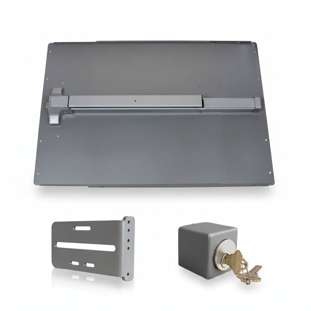 Panic Shield Safety Kit (Includes: 24" Shield, 42" Stainless Steel Panic Bar, Strike Bracket, Key Box, And Cylinder)