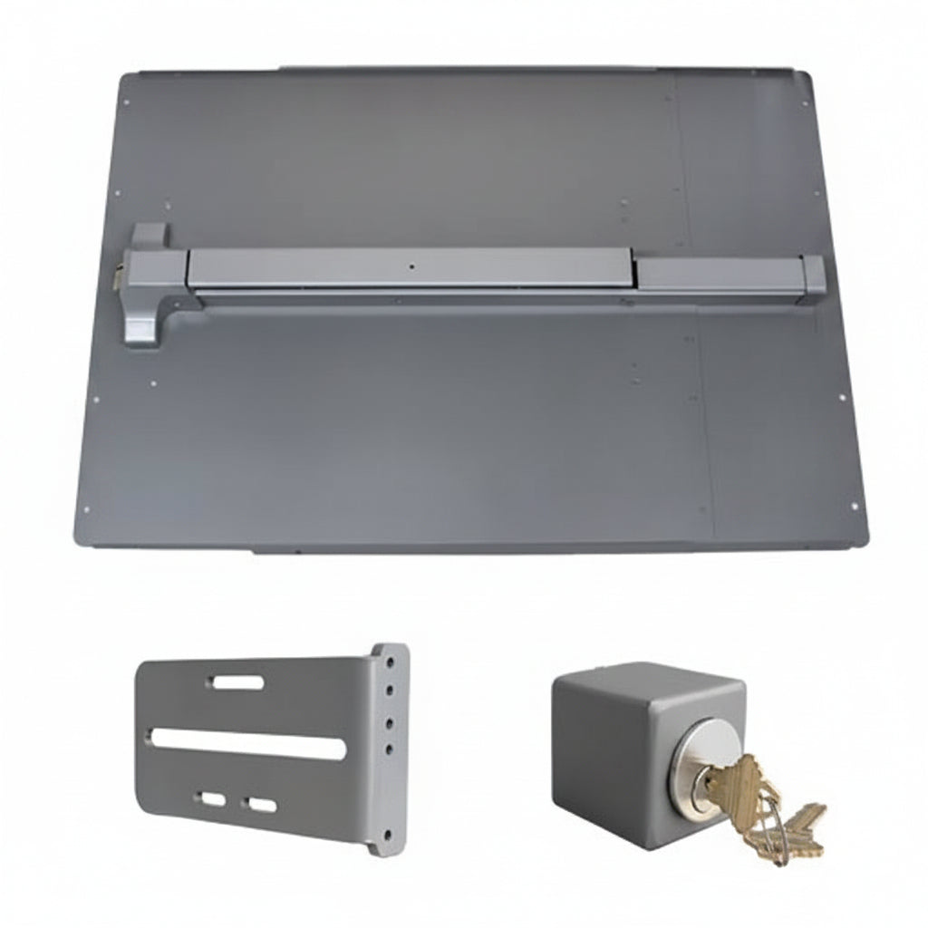 Panic Shield Safety Kit (Includes: 24" Shield, 36" Stainless Steel Panic Bar, Strike Bracket, Key Box, And Cylinder)