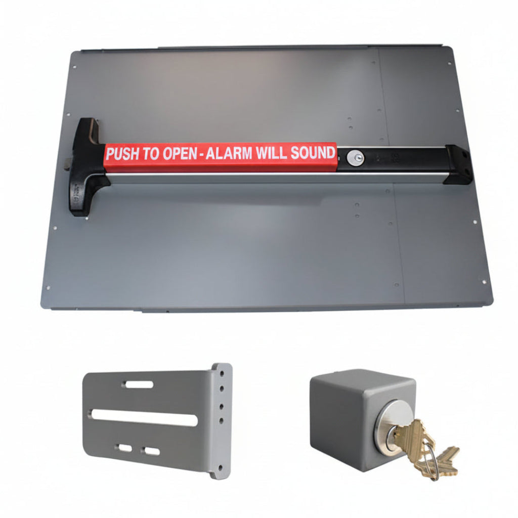 Panic Shield Safety Kit With 42" Detex V-40 Weatherized Panic Bar With Alarm, 24" Panic Shield, Strike Bracket, Key Box, And Cylinder - Black