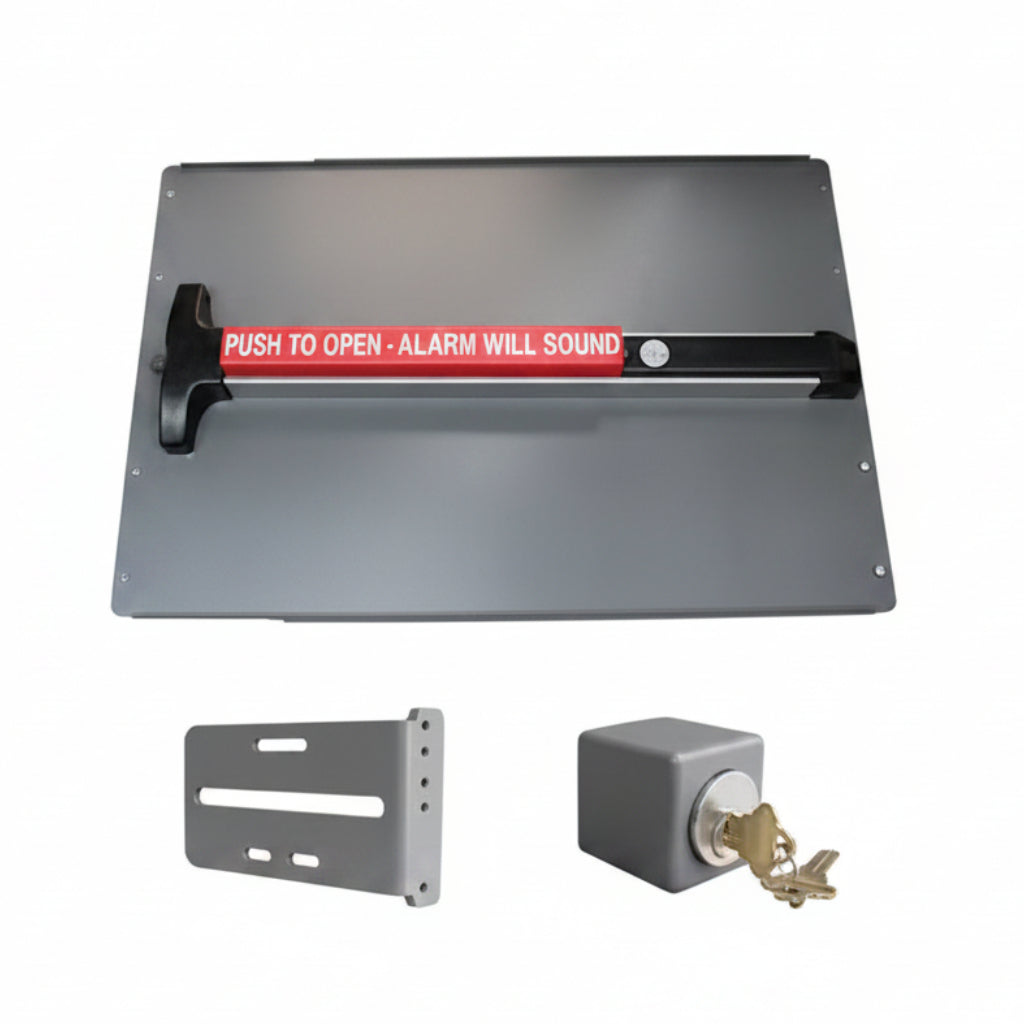 Panic Shield Safety Kit With 36" Detex V-40 Weatherized Panic Bar With Alarm, 24" Panic Shield, Strike Bracket, Key Box And Cylinder (Black) (6.22)