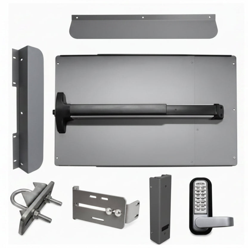 PS62 Standard Panic Shield Security Kit (Includes: Detex V-40 Standard Style Panic Shield, Strike Bracket, 285P Keyless Keypad Lock, 285P Gate Box, Max Guard, Detex V-40 33 Panic Bar) - Silver