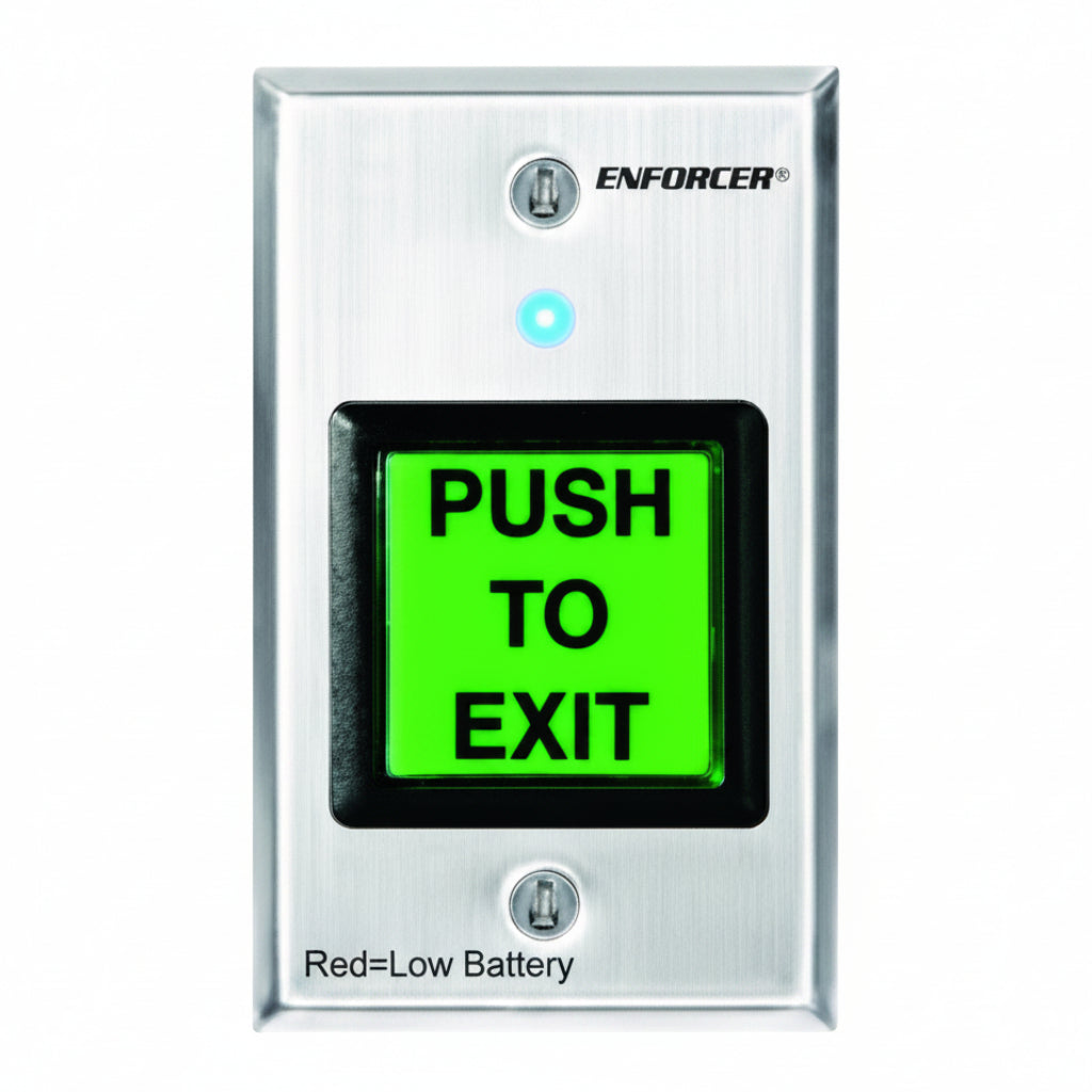 Enforcer RF Wireless Request To Exit Plate, Single Gang, Green 2" Square Buttone (Requires Receiver, Either SK-910RAQ, Mini; SK-910RBQ)