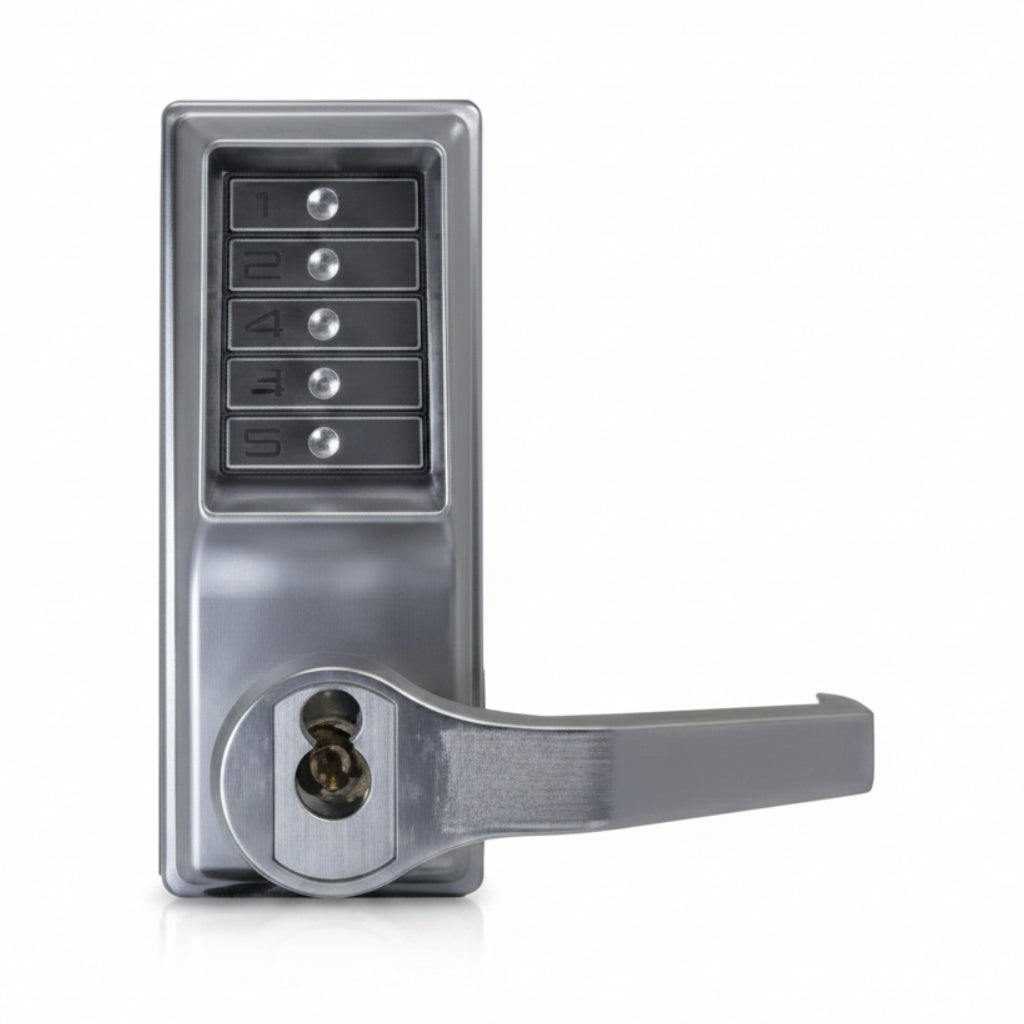 DormaKaba Pushbutton Cylindrical Lever Lock, Combination Entry Function with Key Override, 2-3/4" Backset, 3/4" Throw Latch, 6/7-Pin SFIC Prep, Less Core, Satin Chrome Finish, Right Hand/Right Hand Reverse