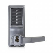 DormaKaba Pushbutton Cylindrical Lever Lock, Combination Entry Function with Key Override, 2-3/4" Backset, 3/4" Throw Latch, 6/7-Pin SFIC Prep, Less Core, Satin Chrome Finish, Right Hand/Right Hand Reverse