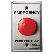 Alarm Controls 1-1/2" Red Mushroom Button, "EMERGENCY PUSH FOR HELP", (1) NO, 1 (NC) Mom. Contacts, Single Gang, Satin Stainless Steel