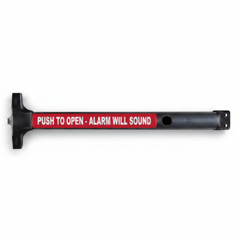 Detex Value Series Wide Stile Rim Exit Device, Cylinder Dogging, 99 Surface Strike, Battery Operated Alarm Less Cylinder, 48" Device, Satin Black Anodized Aluminum Finish