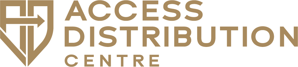 Logo of Access Distribution Centre with a shield-like icon and text in gold