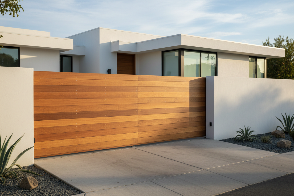 Automatic sliding gate with horizontal wood slats in front of a modern white home. Access Distribution Centre tampa