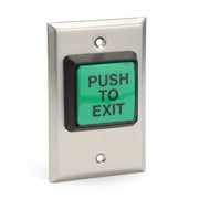 Camden LED Illuminated Pushbutton, Single Gang, 2" Button Dimension, Fixed 30-Second Timer, 'Push to Exit' Text, Includes In-Wall Mounting Box, Satin Stainless Steel Finish
