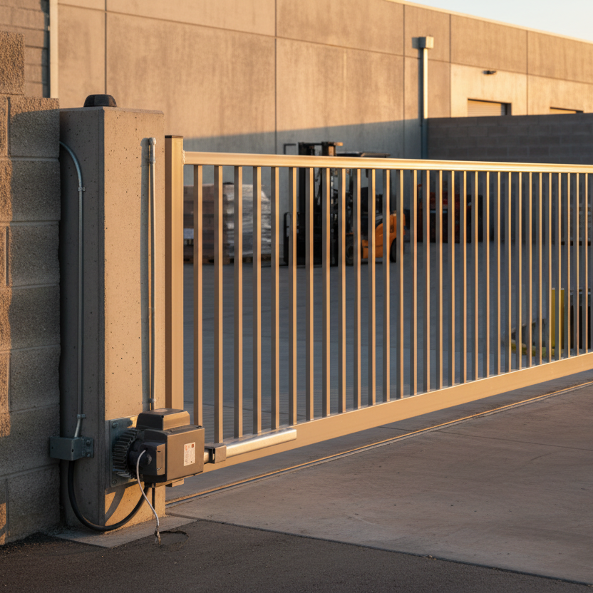 Commercial automatic gate at an active business, steel gate partially open. gate automation wholesale access control, distribution tampa