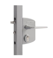 Surface Mounted Gate Lock For Square 1-1/2"..To 2-1/2" Profiles In Silver With 3006M -..Aluminum Handle Pair & Cylinder: Vsz -..Keyed To Differ (2.24)