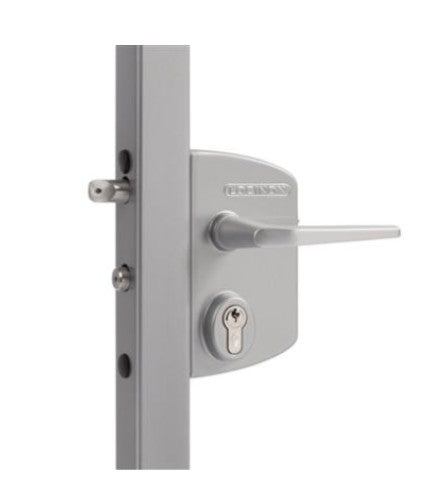 Surface Mounted Gate Lock For Square 1-1/2"..To 2-1/2" Profiles In Silver With 3006M -..Aluminum Handle Pair & Cylinder: Vsz -..Keyed To Differ (2.24)