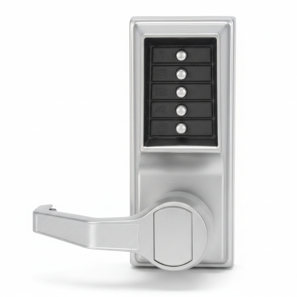 Simplex Series 1000 Lock. Keypad Entry, Free Exit, Lever Handles, No Key Override (Left Hand / Left Hand Reverse) - Satin Chrome