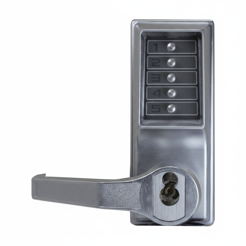 Simplex Series 1000 Lock. Keypad Entry, Free Exit, Lever Handles, Sfic Key Override Prep - Cylinder Not Included (Left Hand / Left Hand Reverse) - Satin Chrome