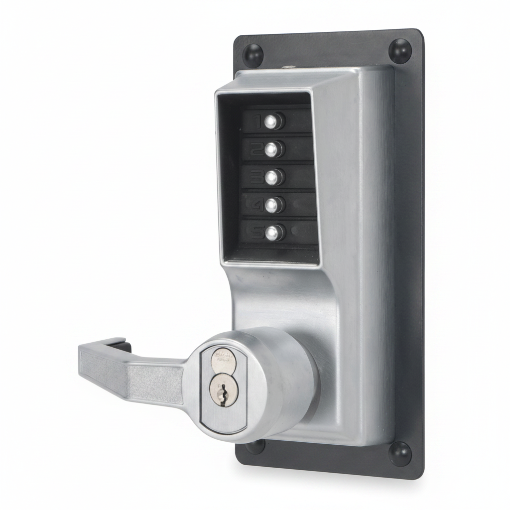 Exit Trim Lever Lock, Combination And Key Override, Left Hand Reverse,6/7-Pin Sfic Prep, Less Core Satin Chrome